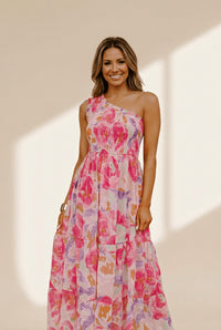 Women's One-Shoulder Floral Smocked Maxi Dress in Petal Pink