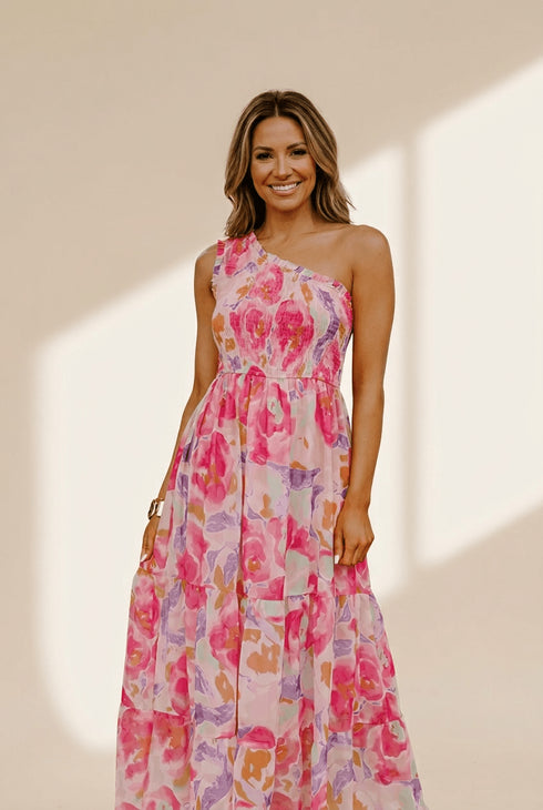 Women's One-Shoulder Floral Smocked Maxi Dress in Petal Pink