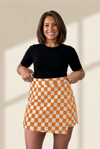 Women's Orange Checkered Denim Wrap Skort with Overlap Design