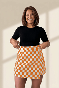 Women's Orange Checkered Denim Wrap Skort with Overlap Design