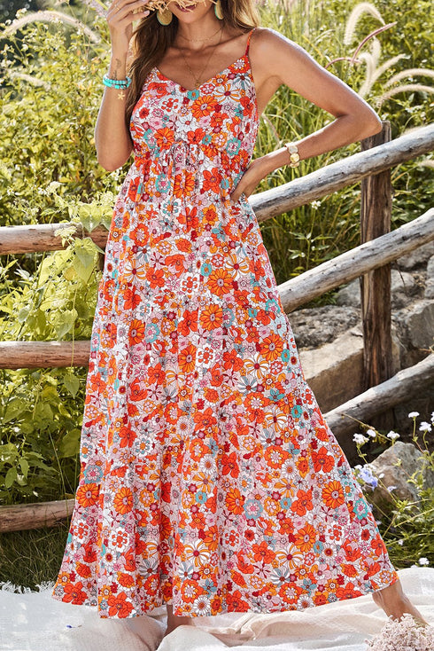 Women's Orange Floral Boho Maxi Dress with Adjustable Waist