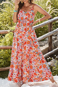 Women's Orange Floral Boho Maxi Dress with Adjustable Waist