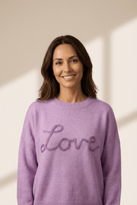 
Women's Orchid Petal Women's Baggy Sweater with Love Script Graphic - Cozy, Stylish, Perfect for Casual Outfits
