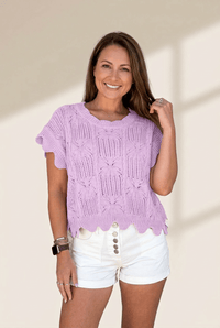 
Women's Orchid Pointelle Scalloped Short Sleeve Cotton Sweater