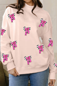 Women's Oversized Apricot Pink Mock Neck Sweatshirt with Sequin Bows