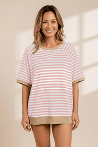 Women's Oversized Apricot Striped Ribbed Knit Tee