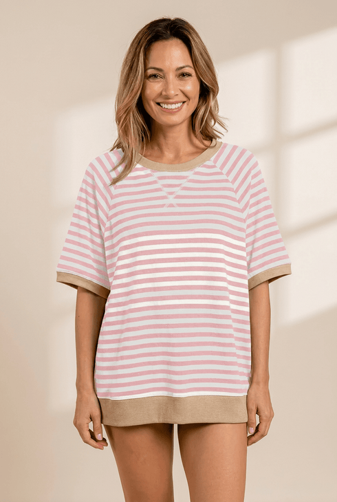 Women's Oversized Apricot Striped Ribbed Knit Tee