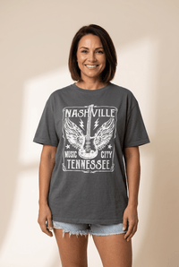 Women's Oversized Charcoal Nashville Guitar Graphic Tee