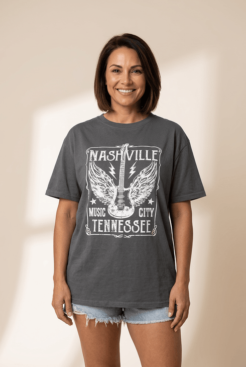 Women's Oversized Charcoal Nashville Guitar Graphic Tee