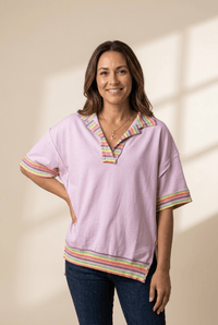 Women's Oversized Cotton-Blend Polo with Rainbow Ribbed Trim