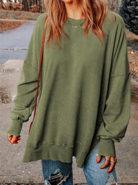 Oversized Green Drop Shoulder Ribbed Trim Crew Neck Sweatshirt