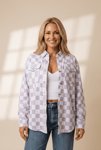 Women's Oversized Lavender Checkerboard Shacket with Functional Pockets