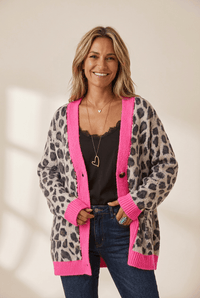 Women's Oversized Leopard Print Cardigan with Neon Pink Trim