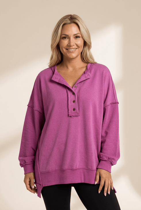 Women's Oversized Magenta Henley Sweatshirt with Exposed Seams