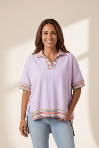 Women's Oversized Orchid Bouquet Rainbow Stripe Polo Tee