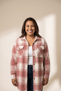 
Women's Oversized Rose and Ivory Plaid Flannel Shacket with Flap Pockets with practical styling and dependable silhouette control.