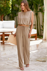 Pale Khaki Solid Color Keyhole Puffy Tank Drawstring Loose Pants 2pcs Outfit