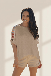 
Women's Parchment Crochet Detail Boho Tee | Relaxed Knit Top