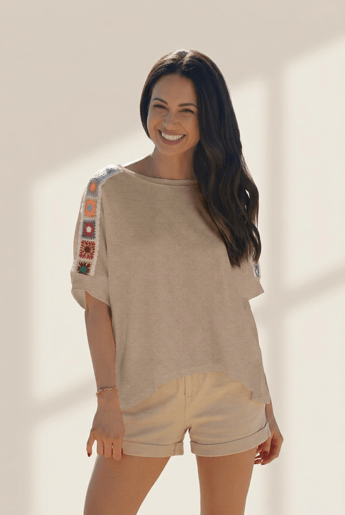 Women's Parchment Crochet Detail Boho Tee | Relaxed Knit Top