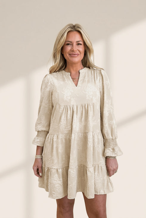 Women's Parchment Floral Jacquard Tiered Mini Dress with Notched Neck