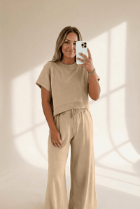 Women's Parchment Knit Tee and Wide-Leg Drawstring Pant Set