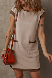 Parchment Stylish Textured Color Block Trim Shift Mini Dress