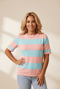 Women's Pastel Striped Short Sleeve Viscose Knit Top