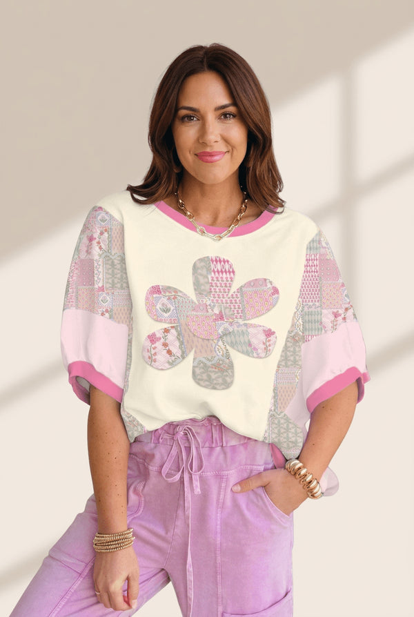 Women's Patchwork Floral Relaxed Top with Bloom Appliqué