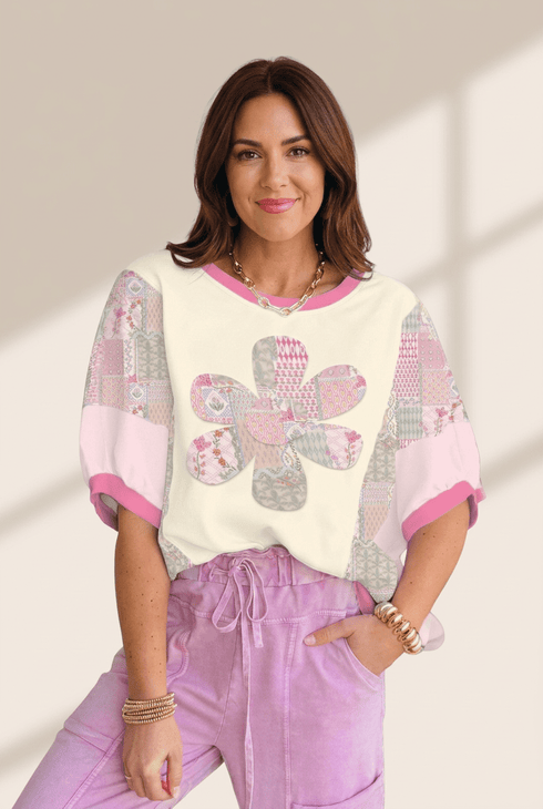 Women's Patchwork Floral Relaxed Top with Bloom Appliqué
