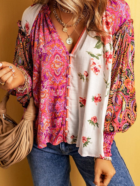 Patchwork Floral V-Neck Button Blouse with Shirred Cuffs