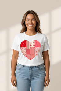 Women's Patchwork Heart Graphic Tee in White Cotton Blend