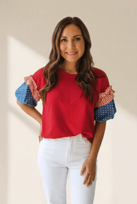 Women's Patriotic Americana Puff Sleeve Knit Top in Fiery Red