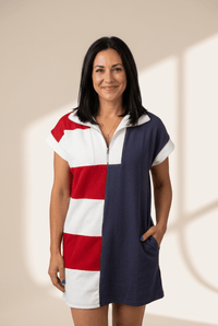 Women's Patriotic Colorblock Zip-Up Mini Dress with Pockets