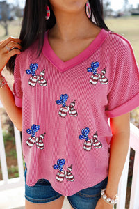 women's patriotic rose red v-neck tee for women with twisted rib and fun sequin balloon dog design – casual, playful style with practical styling and