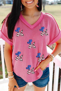 Rose Red Twisted Rib Sequin Patriotic Balloon Dog V Neck Tee