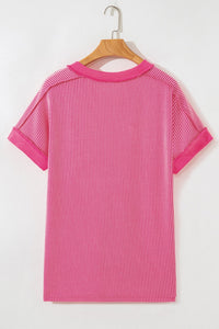 Rose Red Twisted Rib Sequin Patriotic Balloon Dog V Neck Tee
