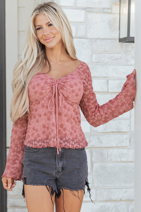 Peach Blossom Floral Lace Blouse for Women – Stylish, Comfortable Fit with Drawstring Knot Detail