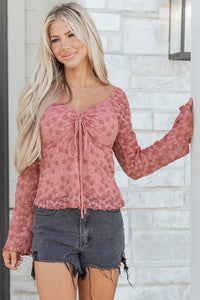 Peach Blossom Floral Lace Blouse for Women – Stylish, Comfortable Fit with Drawstring Knot Detail