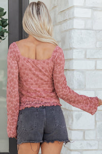 Peach Blossom Drawstring Knot Detail Floral Lace Blouse