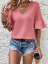 Peach Blossom Textured V Neck Ruffle Sleeve Top