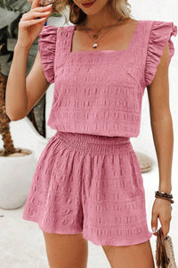 women's peach blossom women's summer outfit: textured square neck top and shirred high waist shorts set for trendy style with practical styling and