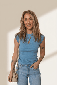 Women's Peacock Blue Ribbed Cap Sleeve T-Shirt