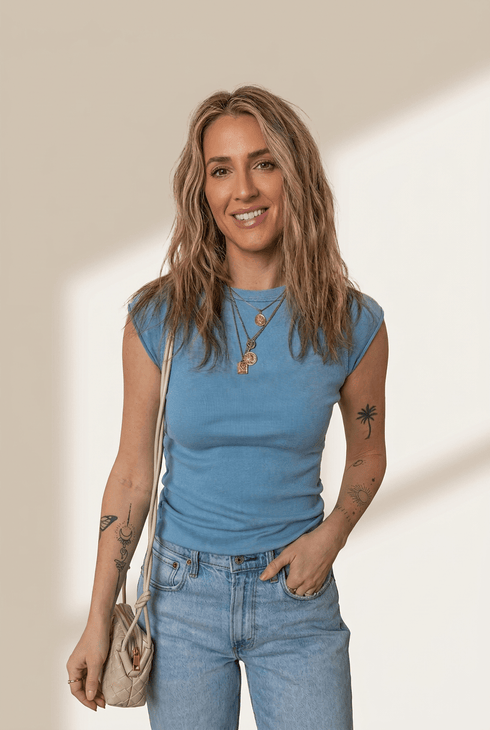 Women's Peacock Blue Ribbed Cap Sleeve T-Shirt