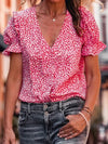 Pink Abstract Printed Ruffle Sleeve V-Neck Shirt