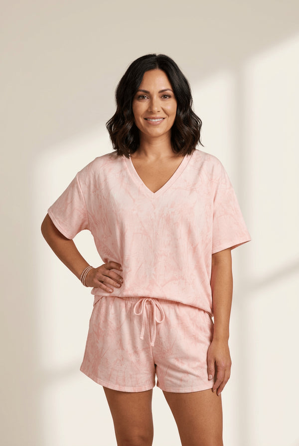 Women's Pink Abstract V-Neck Tee and Drawstring Shorts Set