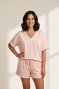 Women's Pink Abstract V-Neck Tee and Drawstring Shorts Set