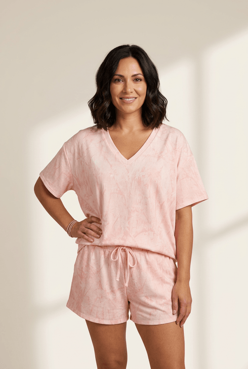 Women's Pink Abstract V-Neck Tee and Drawstring Shorts Set