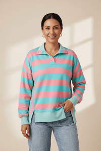 Women's Pink and Turquoise Striped Polo Pullover with Drop Shoulders