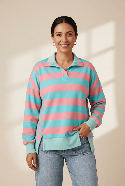 Women's Pink and Turquoise Striped Polo Pullover with Drop Shoulders