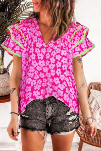 Pink Blossom Ruffle Sleeve Blouse with Ric Rac Detail